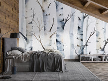 Load image into Gallery viewer, Minimalist Birch Tree Wall Mural – Scandinavian Forest Watercolor Wallpaper | Peel and Stick Mural for Bedroom or Living Room