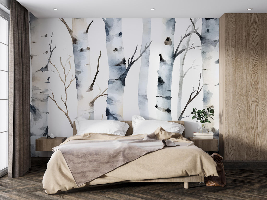 Minimalist Birch Tree Wall Mural – Scandinavian Forest Watercolor Wallpaper | Peel and Stick Mural for Bedroom or Living Room