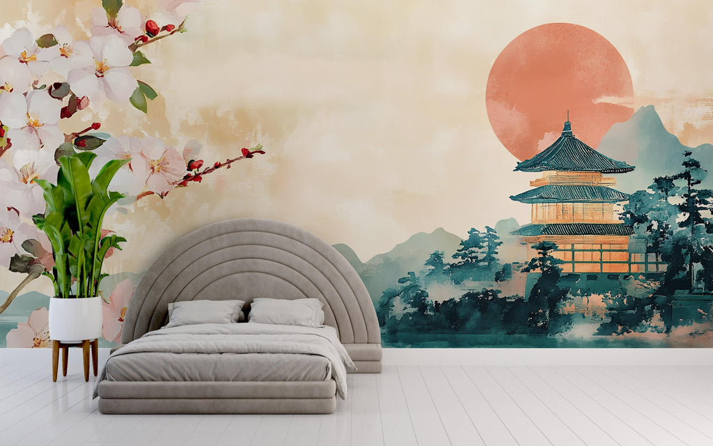 Japanese Wall Mural – Cherry Blossom Temple Wallpaper | Oriental Watercolor Peel and Stick Mural for Bedroom or Zen Decor