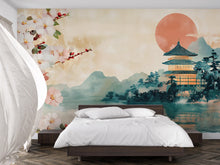 Load image into Gallery viewer, Japanese Wall Mural – Cherry Blossom Temple Wallpaper | Oriental Watercolor Peel and Stick Mural for Bedroom or Zen Decor