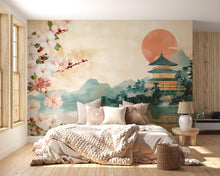Load image into Gallery viewer, Japanese Wall Mural – Cherry Blossom Temple Wallpaper | Oriental Watercolor Peel and Stick Mural for Bedroom or Zen Decor