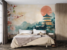 Load image into Gallery viewer, Japanese Wall Mural – Cherry Blossom Temple Wallpaper | Oriental Watercolor Peel and Stick Mural for Bedroom or Zen Decor