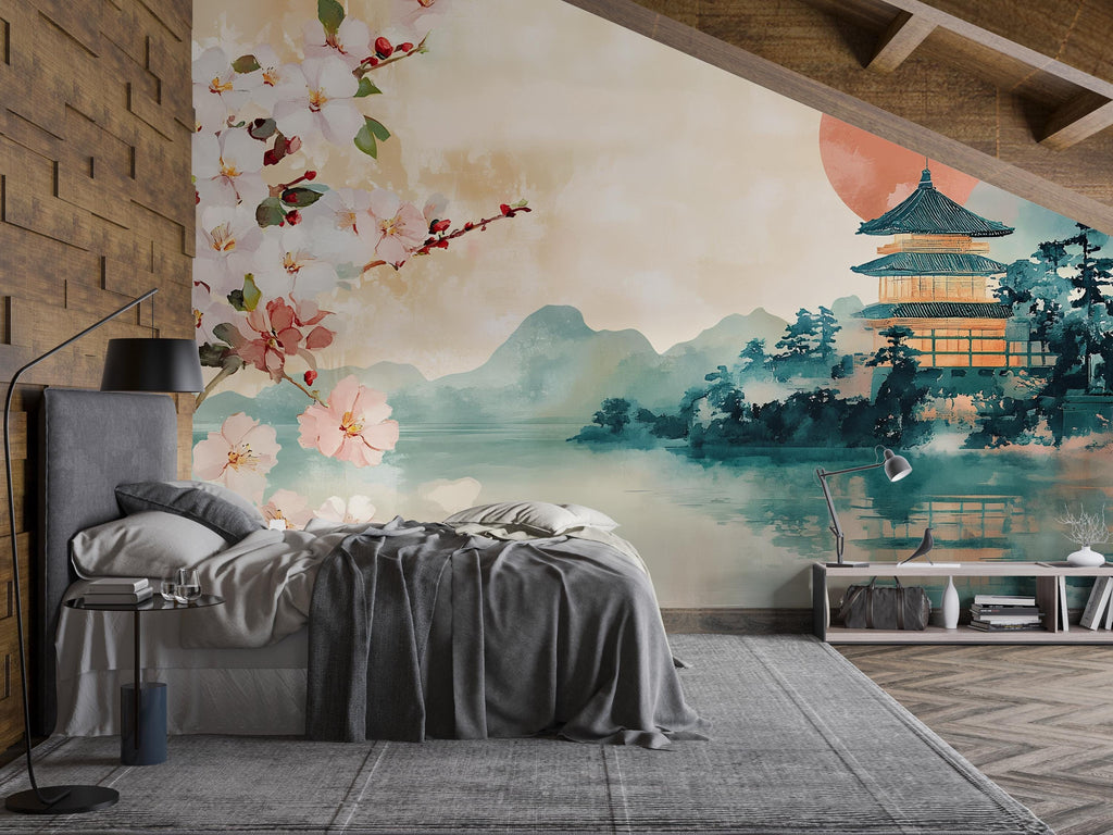 Japanese Wall Mural – Cherry Blossom Temple Wallpaper | Oriental Watercolor Peel and Stick Mural for Bedroom or Zen Decor
