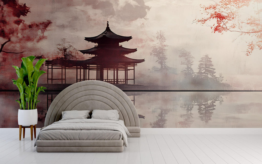 Japanese Pagoda Wall Mural – Zen Temple Landscape Wallpaper | Asian Reflection Art | Peel and Stick or Non-Woven Mural for Bedroom