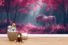 Load image into Gallery viewer, Pink Unicorn Wall Mural – Fantasy Forest Wallpaper for Kids Room, Magical Peel and Stick Mural, Girl's Nursery Wall Art