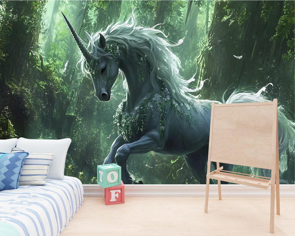 Majestic Unicorn Forest Wall Mural – Fantasy Kids Room Wallpaper – Peel and Stick or Non-Woven Mural – Magical Nursery Decor