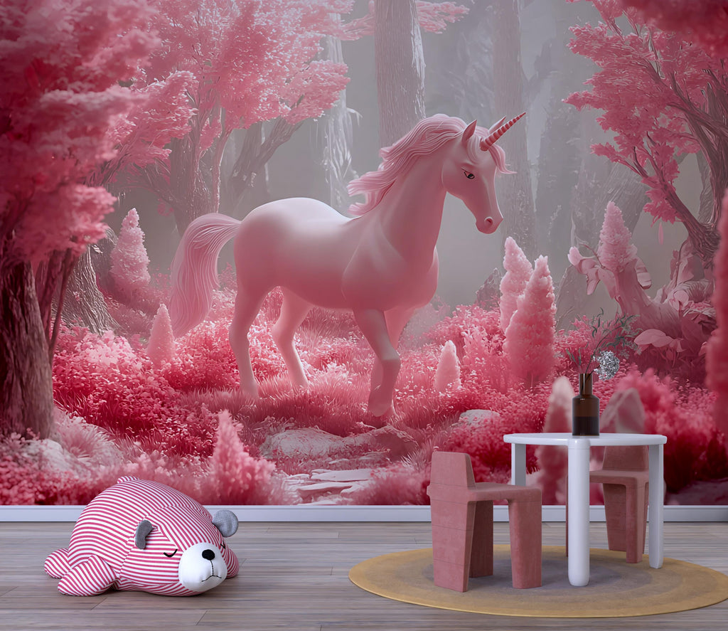 Pink Unicorn Wall Mural – Fantasy Girls Room Wallpaper – Magical Pink Forest Mural – Peel and Stick or Non-Woven – Nursery Decor Art