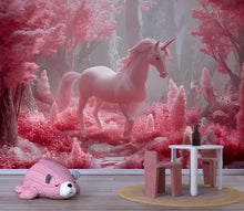Load image into Gallery viewer, Pink Unicorn Wall Mural – Fantasy Girls Room Wallpaper – Magical Pink Forest Mural – Peel and Stick or Non-Woven – Nursery Decor Art