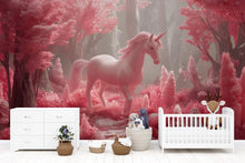 Load image into Gallery viewer, Pink Unicorn Wall Mural – Fantasy Girls Room Wallpaper – Magical Pink Forest Mural – Peel and Stick or Non-Woven – Nursery Decor Art