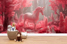 Load image into Gallery viewer, Pink Unicorn Wall Mural – Fantasy Girls Room Wallpaper – Magical Pink Forest Mural – Peel and Stick or Non-Woven – Nursery Decor Art
