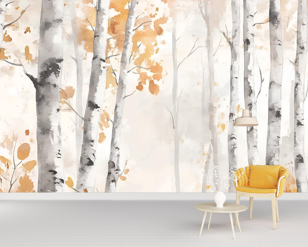 Watercolor Birch Forest Wall Mural – Autumn Tree Wallpaper – Peel and Stick Fall Woodland Mural for Bedroom, Office or Living Room