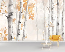 Load image into Gallery viewer, Watercolor Birch Forest Wall Mural – Autumn Tree Wallpaper – Peel and Stick Fall Woodland Mural for Bedroom, Office or Living Room