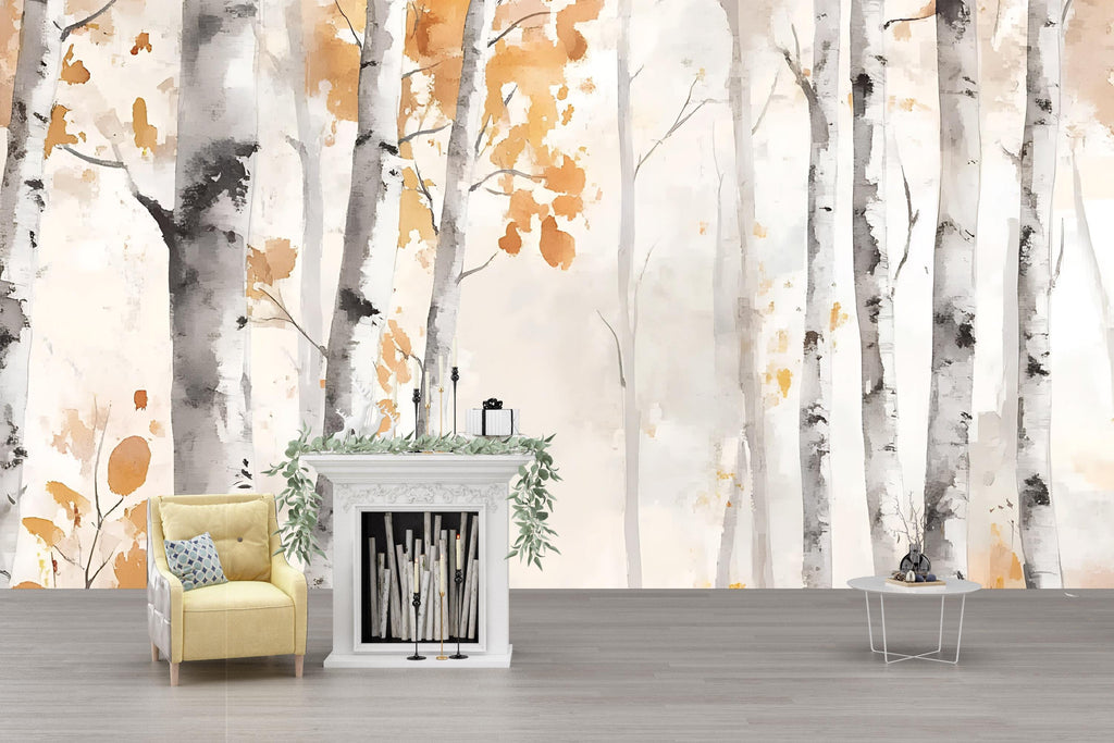 Watercolor Birch Forest Wall Mural – Autumn Tree Wallpaper – Peel and Stick Fall Woodland Mural for Bedroom, Office or Living Room