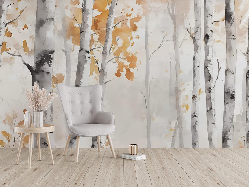 Watercolor Birch Forest Wall Mural – Autumn Tree Wallpaper – Peel and Stick Fall Woodland Mural for Bedroom, Office or Living Room