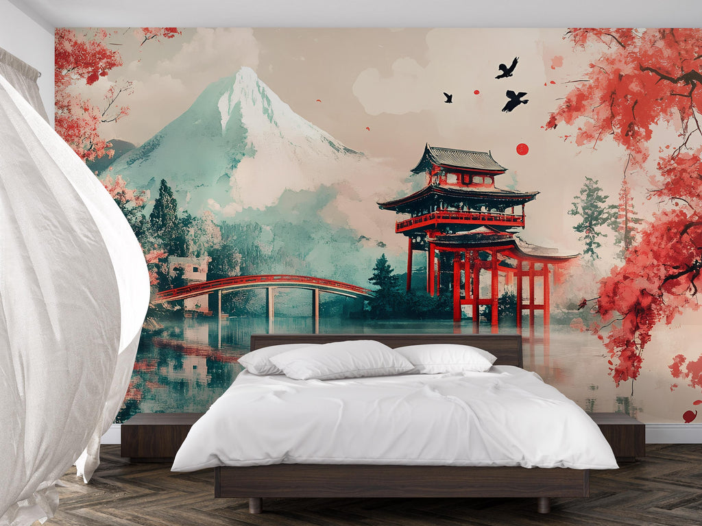 Japanese Wall Mural with Mount Fuji – Cherry Blossom Landscape Mural – Torii Gate & Temple Art Wallpaper – Peel and Stick or Non-Woven