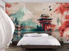 Load image into Gallery viewer, Japanese Wall Mural with Mount Fuji – Cherry Blossom Landscape Mural – Torii Gate &amp; Temple Art Wallpaper – Peel and Stick or Non-Woven
