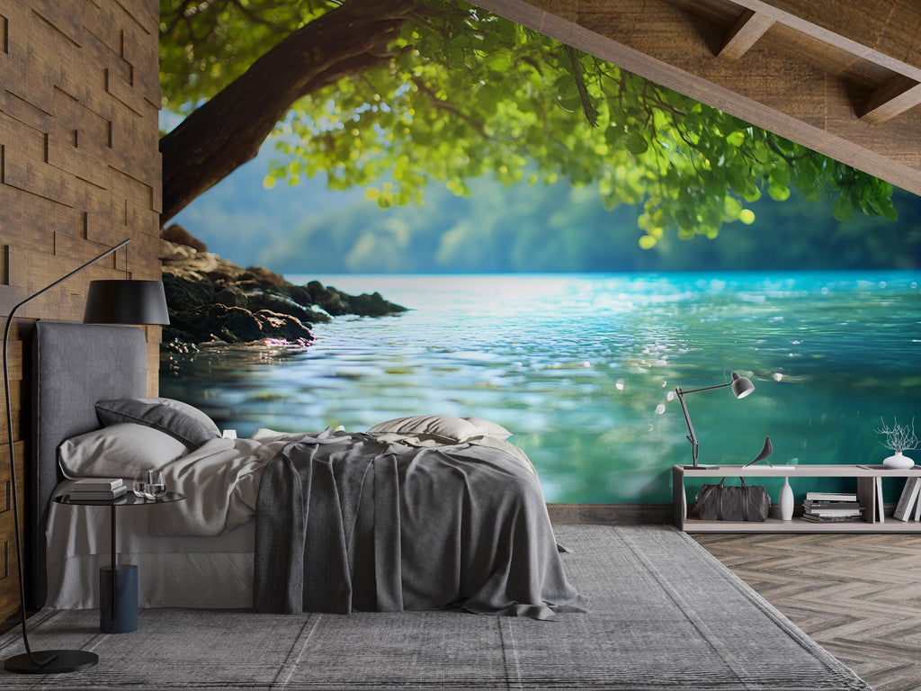 Tranquil Lake Wall Mural – Nature Tree Water Landscape Wallpaper for Bedroom, Living Room or Spa Retreat