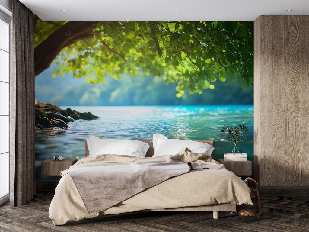 Tranquil Lake Wall Mural – Nature Tree Water Landscape Wallpaper for Bedroom, Living Room or Spa Retreat