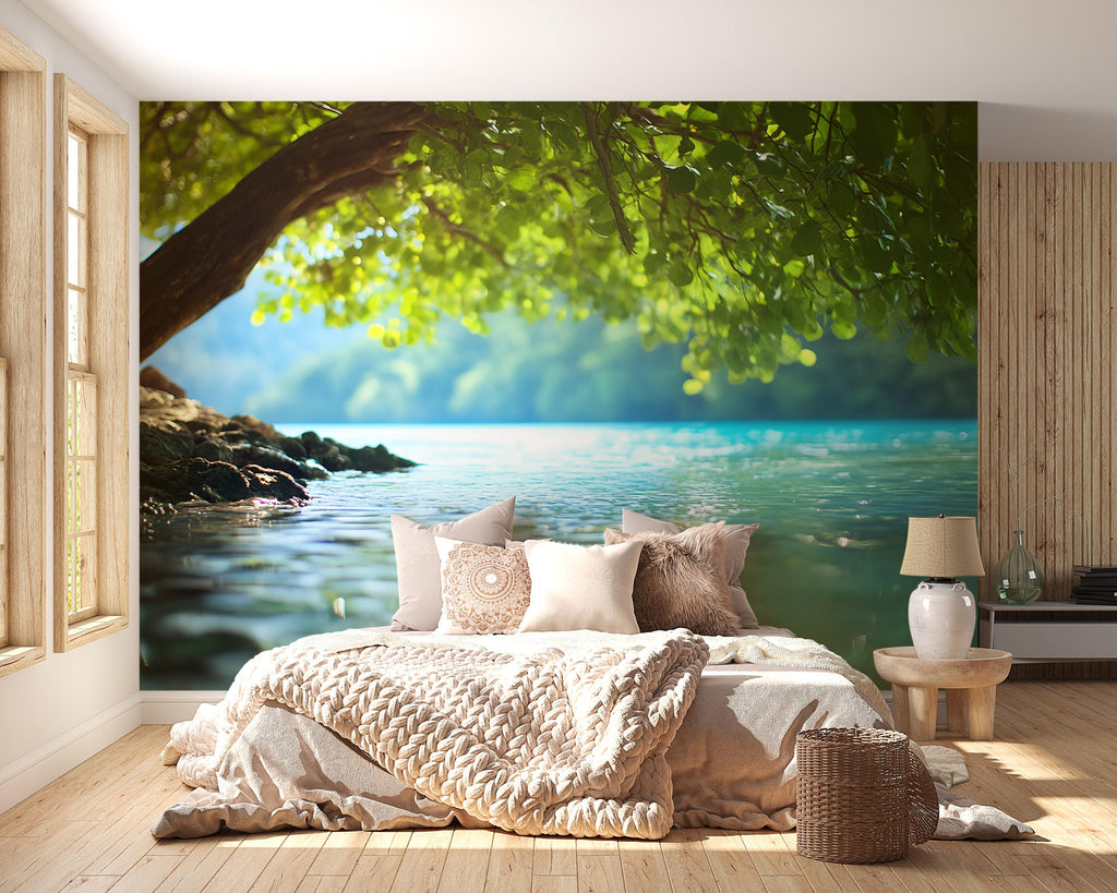 Tranquil Lake Wall Mural – Nature Tree Water Landscape Wallpaper for Bedroom, Living Room or Spa Retreat