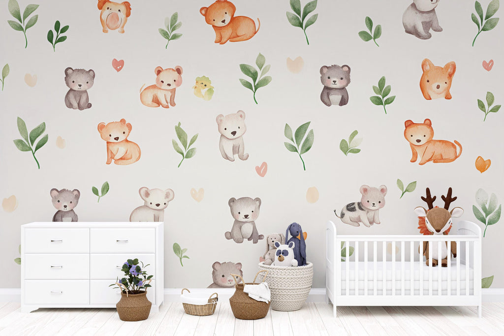 Cute Safari Baby Animal Wall Mural – Neutral Jungle Nursery Wallpaper for Boys or Girls Room, Peel and Stick or Traditional