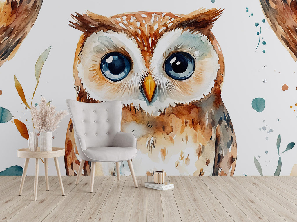 Watercolor Owl Wall Mural – Kids Room or Nursery Wallpaper with Cute Forest Bird, Gender Neutral Peel and Stick or Traditional