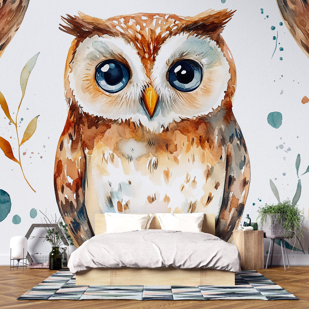 Watercolor Owl Wall Mural – Kids Room or Nursery Wallpaper with Cute Forest Bird, Gender Neutral Peel and Stick or Traditional