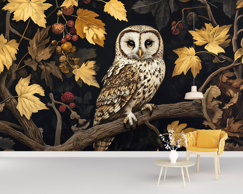 Dark Botanical Owl Wall Mural – Elegant Woodland Forest Wallpaper in Autumn Gold & Black for Living Room, Study, Nursery or Bedroom