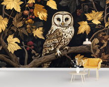 Load image into Gallery viewer, Dark Botanical Owl Wall Mural – Elegant Woodland Forest Wallpaper in Autumn Gold &amp; Black for Living Room, Study, Nursery or Bedroom
