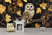 Load image into Gallery viewer, Dark Botanical Owl Wall Mural – Elegant Woodland Forest Wallpaper in Autumn Gold &amp; Black for Living Room, Study, Nursery or Bedroom