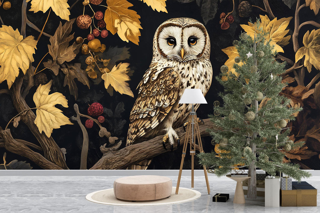 Dark Botanical Owl Wall Mural – Elegant Woodland Forest Wallpaper in Autumn Gold & Black for Living Room, Study, Nursery or Bedroom