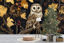 Load image into Gallery viewer, Dark Botanical Owl Wall Mural – Elegant Woodland Forest Wallpaper in Autumn Gold &amp; Black for Living Room, Study, Nursery or Bedroom
