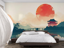 Load image into Gallery viewer, Japanese Sunset Wall Mural – Torii Temple &amp; Mountains Scenic Wallpaper for Bedroom or Zen Meditation Room