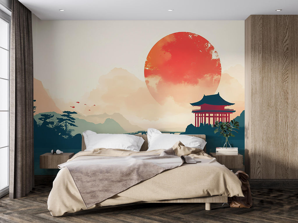 Japanese Sunset Wall Mural – Torii Temple & Mountains Scenic Wallpaper for Bedroom or Zen Meditation Room