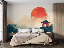 Load image into Gallery viewer, Japanese Sunset Wall Mural – Torii Temple &amp; Mountains Scenic Wallpaper for Bedroom or Zen Meditation Room
