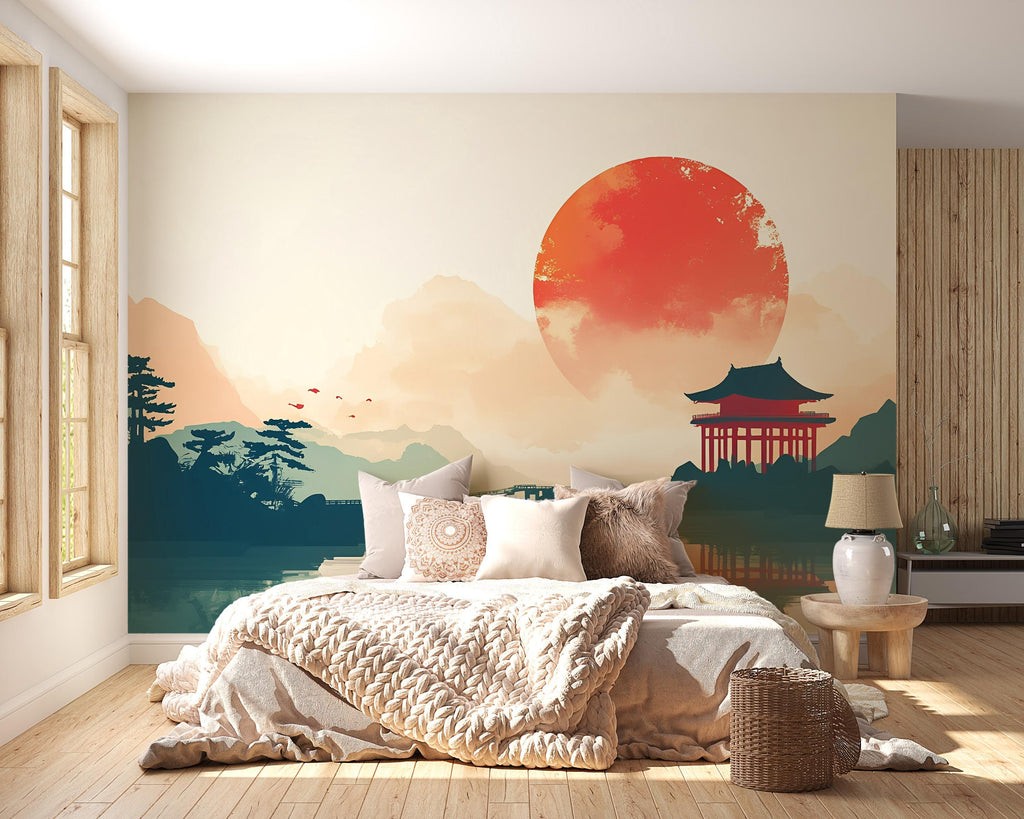 Japanese Sunset Wall Mural – Torii Temple & Mountains Scenic Wallpaper for Bedroom or Zen Meditation Room