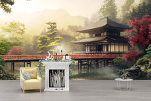 Load image into Gallery viewer, Japanese Temple Wall Mural – Zen Landscape with Red Bridge &amp; Forest | Asian Scenic Wallpaper for Home or Office