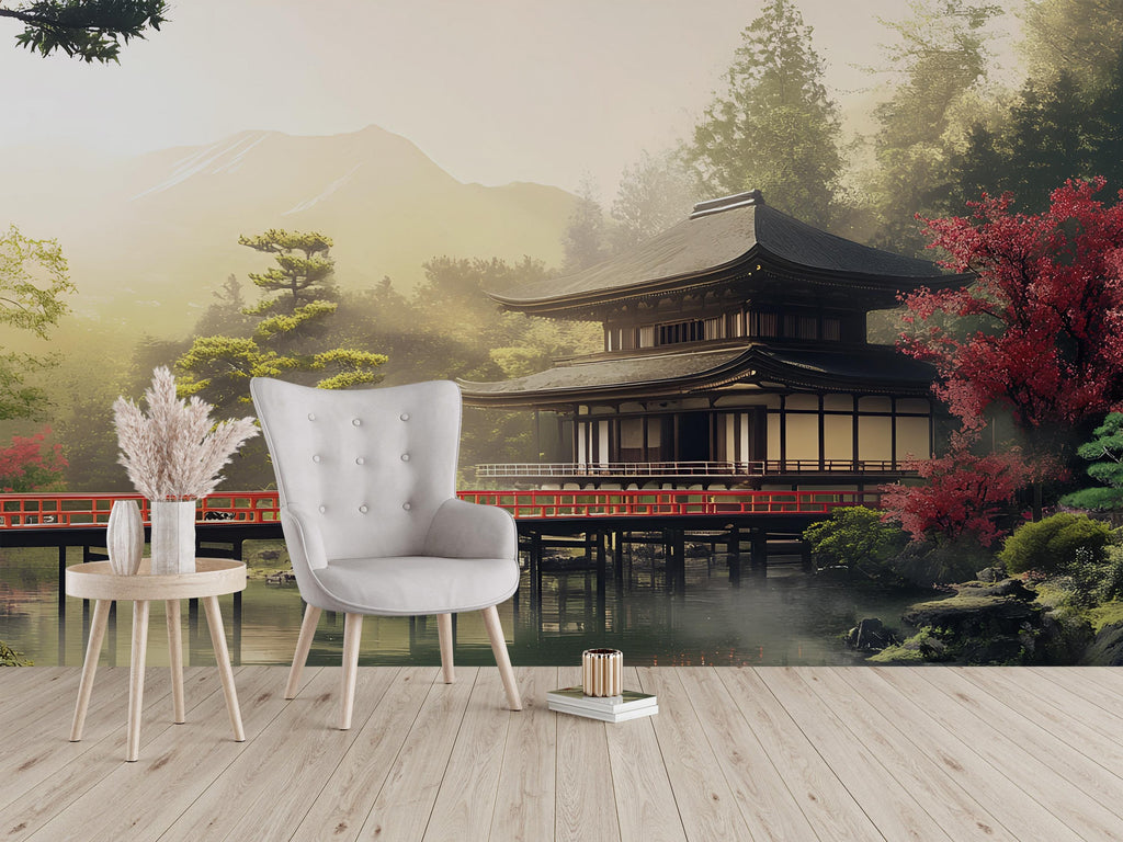 Japanese Temple Wall Mural – Zen Landscape with Red Bridge & Forest | Asian Scenic Wallpaper for Home or Office