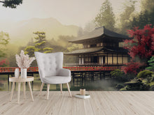 Load image into Gallery viewer, Japanese Temple Wall Mural – Zen Landscape with Red Bridge &amp; Forest | Asian Scenic Wallpaper for Home or Office