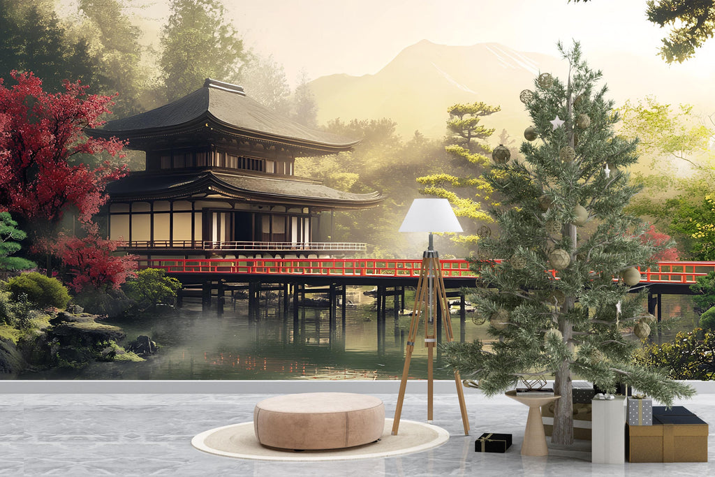 Japanese Temple Wall Mural – Zen Landscape with Red Bridge & Forest | Asian Scenic Wallpaper for Home or Office