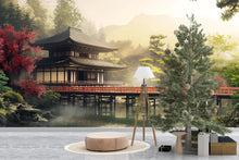 Load image into Gallery viewer, Japanese Temple Wall Mural – Zen Landscape with Red Bridge &amp; Forest | Asian Scenic Wallpaper for Home or Office