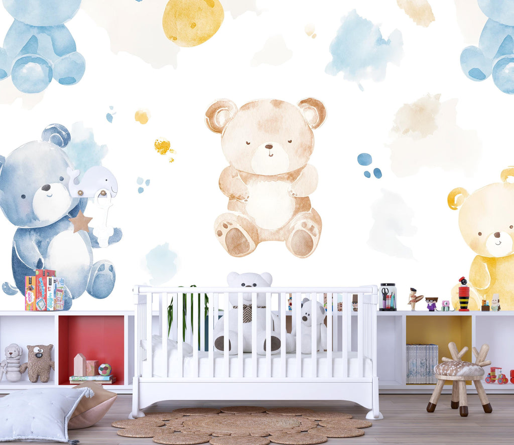 Teddy Bear Nursery Wall Mural – Watercolor Bear Wallpaper for Baby Room | Gender Neutral Kids Room Decor