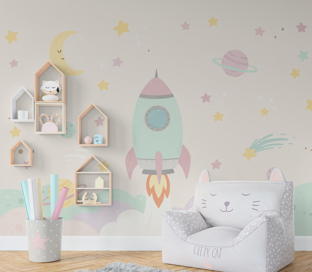 Space Wall Decal | Pastel Space Wall Mural | Outer Space Wallpaper | Celestial Stars and Planets Wall Art | Astronomy Room Decor 691RS