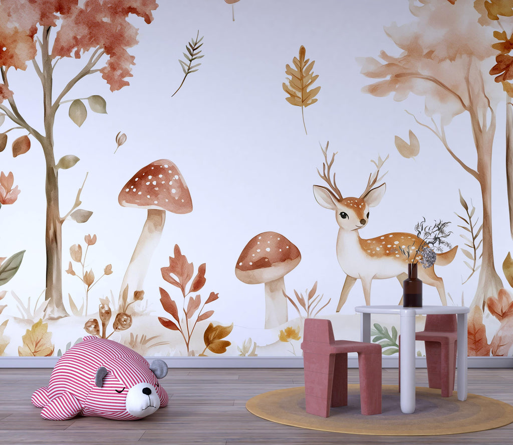 Woodland Deer Nursery Wall Mural – Watercolor Forest Animal Wallpaper | Kids Room & Baby Room Peel and Stick Decor