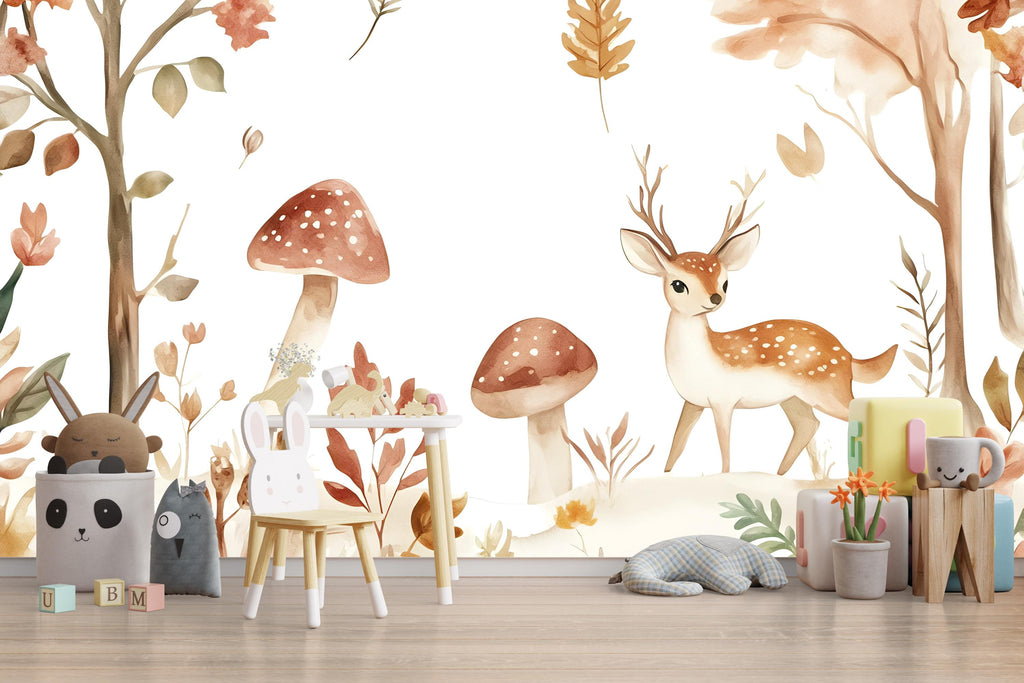 Woodland Deer Nursery Wall Mural – Watercolor Forest Animal Wallpaper | Kids Room & Baby Room Peel and Stick Decor