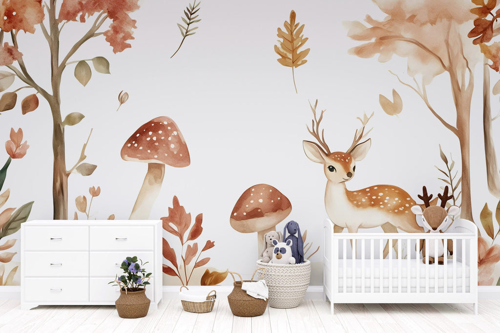 Woodland Deer Nursery Wall Mural – Watercolor Forest Animal Wallpaper | Kids Room & Baby Room Peel and Stick Decor