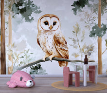 Load image into Gallery viewer, Barn Owl Nursery Wall Mural – Watercolor Forest Animal Wallpaper | Woodland Baby Room &amp; Kids Room Decor