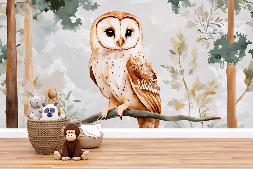 Barn Owl Nursery Wall Mural – Watercolor Forest Animal Wallpaper | Woodland Baby Room & Kids Room Decor