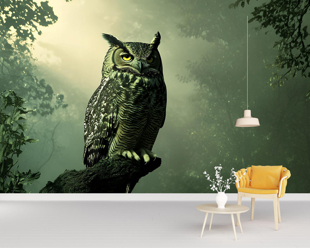 Dark Forest Owl Wall Mural – Moody Green Nature Wallpaper | Gothic Wildlife Decor for Living Room, Study, or Cabin