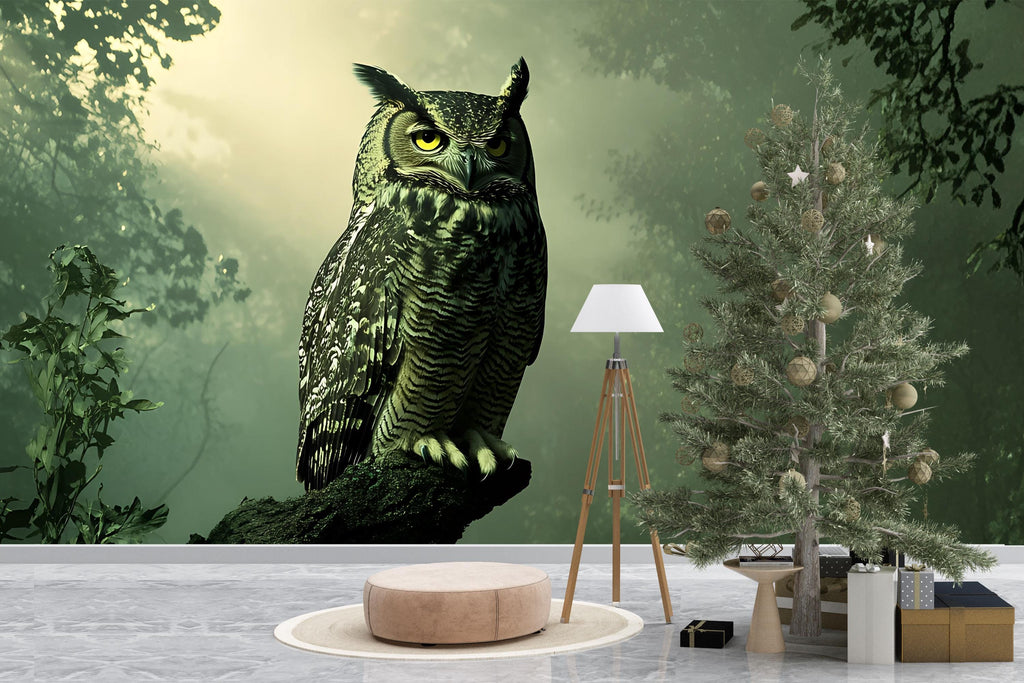 Dark Forest Owl Wall Mural – Moody Green Nature Wallpaper | Gothic Wildlife Decor for Living Room, Study, or Cabin