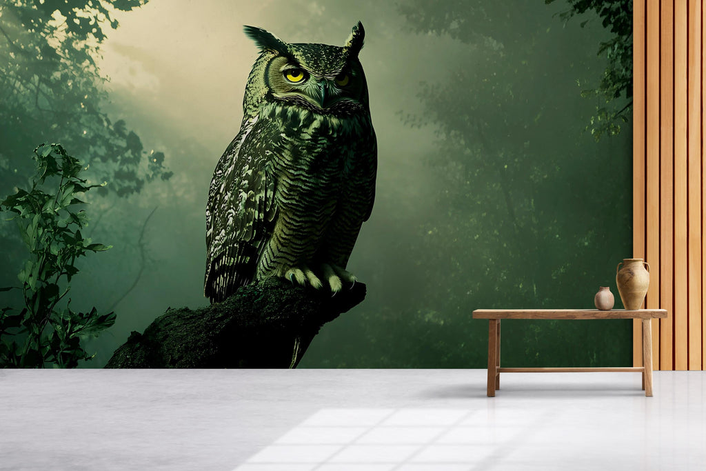 Dark Forest Owl Wall Mural – Moody Green Nature Wallpaper | Gothic Wildlife Decor for Living Room, Study, or Cabin